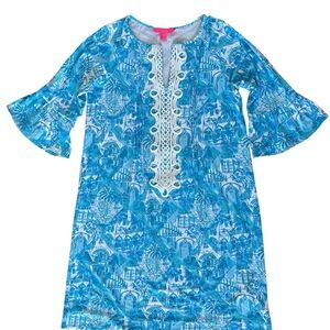 Lilly Pulitzer Blue and White Floral Dress with Lace Detail